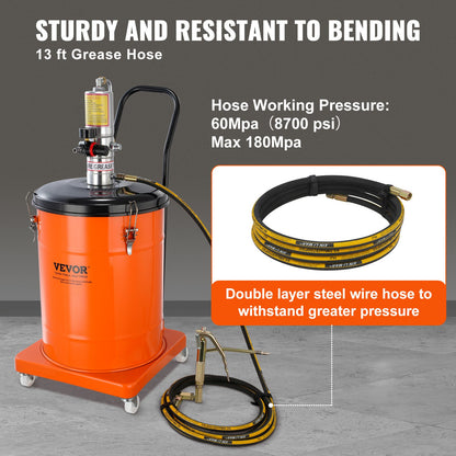 Fettpump, 10,5 gallon 40L luftdriven fettpump med 13 fot högtrycksslang och fettspruta, pneumatisk smörjhinkpump med hjul, bärbar smörjfettspump 50:1 tryckförhållande