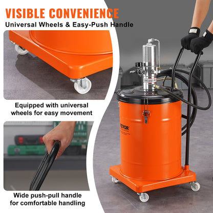 Fettpump, 10,5 gallon 40L luftdriven fettpump med 13 fot högtrycksslang och fettspruta, pneumatisk smörjhinkpump med hjul, bärbar smörjfettspump 50:1 tryckförhållande
