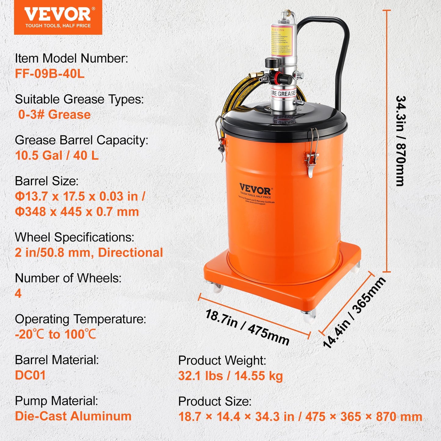 Fettpump, 10,5 gallon 40L luftdriven fettpump med 13 fot högtrycksslang och fettspruta, pneumatisk smörjhinkpump med hjul, bärbar smörjfettspump 50:1 tryckförhållande