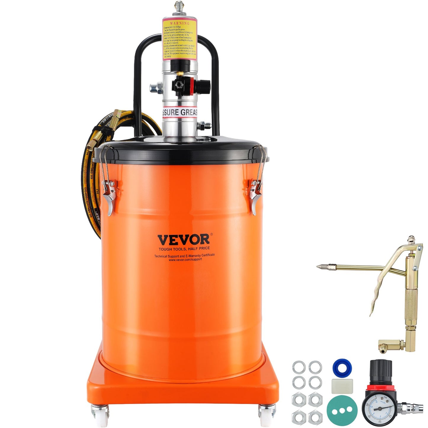 Fettpump, 10,5 gallon 40L luftdriven fettpump med 13 fot högtrycksslang och fettspruta, pneumatisk smörjhinkpump med hjul, bärbar smörjfettspump 50:1 tryckförhållande