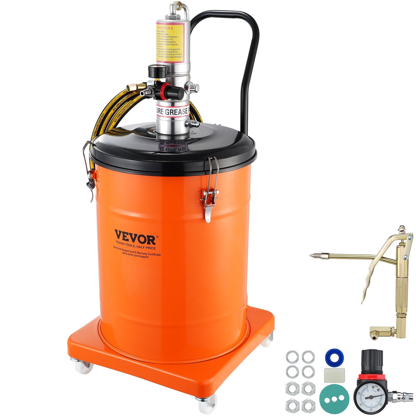 Fettpump, 10,5 gallon 40L luftdriven fettpump med 13 fot högtrycksslang och fettspruta, pneumatisk smörjhinkpump med hjul, bärbar smörjfettspump 50:1 tryckförhållande