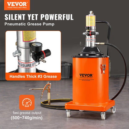 Fettpump, 5 gallon 20L, luftdriven fettpump med 13 fot högtrycksslang och fettspruta, pneumatisk smörjhinkpump med hjul, bärbar smörjfettspump 50:1 tryckförhållande