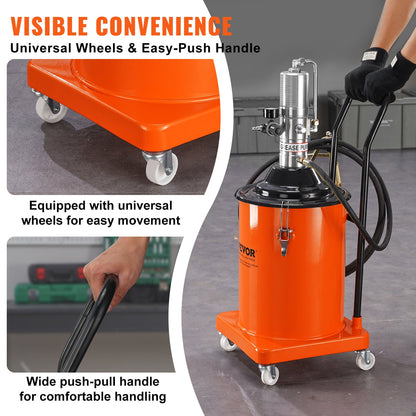 Fettpump, 5 gallon 20L, luftdriven fettpump med 13 fot högtrycksslang och fettspruta, pneumatisk smörjhinkpump med hjul, bärbar smörjfettspump 50:1 tryckförhållande