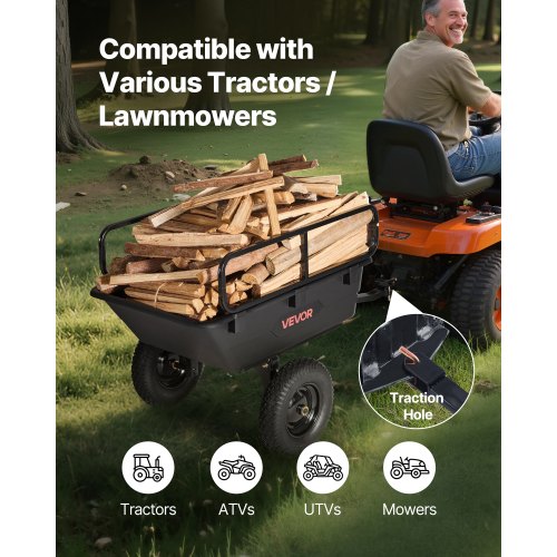 Tippvagn 500 lbs 10 cu. ft bogserad bakom plastvagn för ATV-trädgård