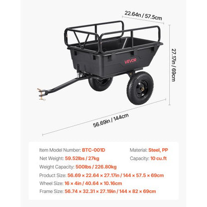 Tippvagn 500 lbs 10 cu. ft bogserad bakom plastvagn för ATV-trädgård