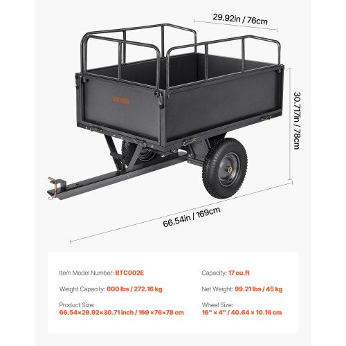 ståltippvagn 17 kubikfot 600 lb för ATV/UTV-släpvagn bakom tung last