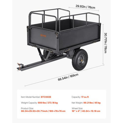 ståltippvagn 17 kubikfot 600 lb för ATV/UTV-släpvagn bakom tung last