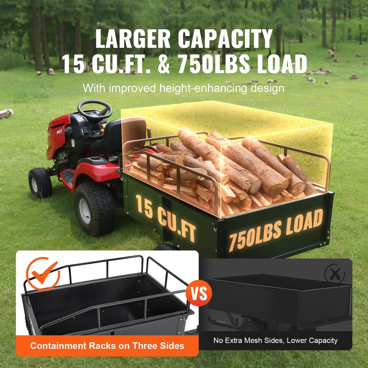 Heavy Duty ATV Trailer Steel Dump Trailer, 750-Pound 15 Cubic Feet, Garden Tool Trailer with Removable Sides for Riding Lawn Mower Tractor