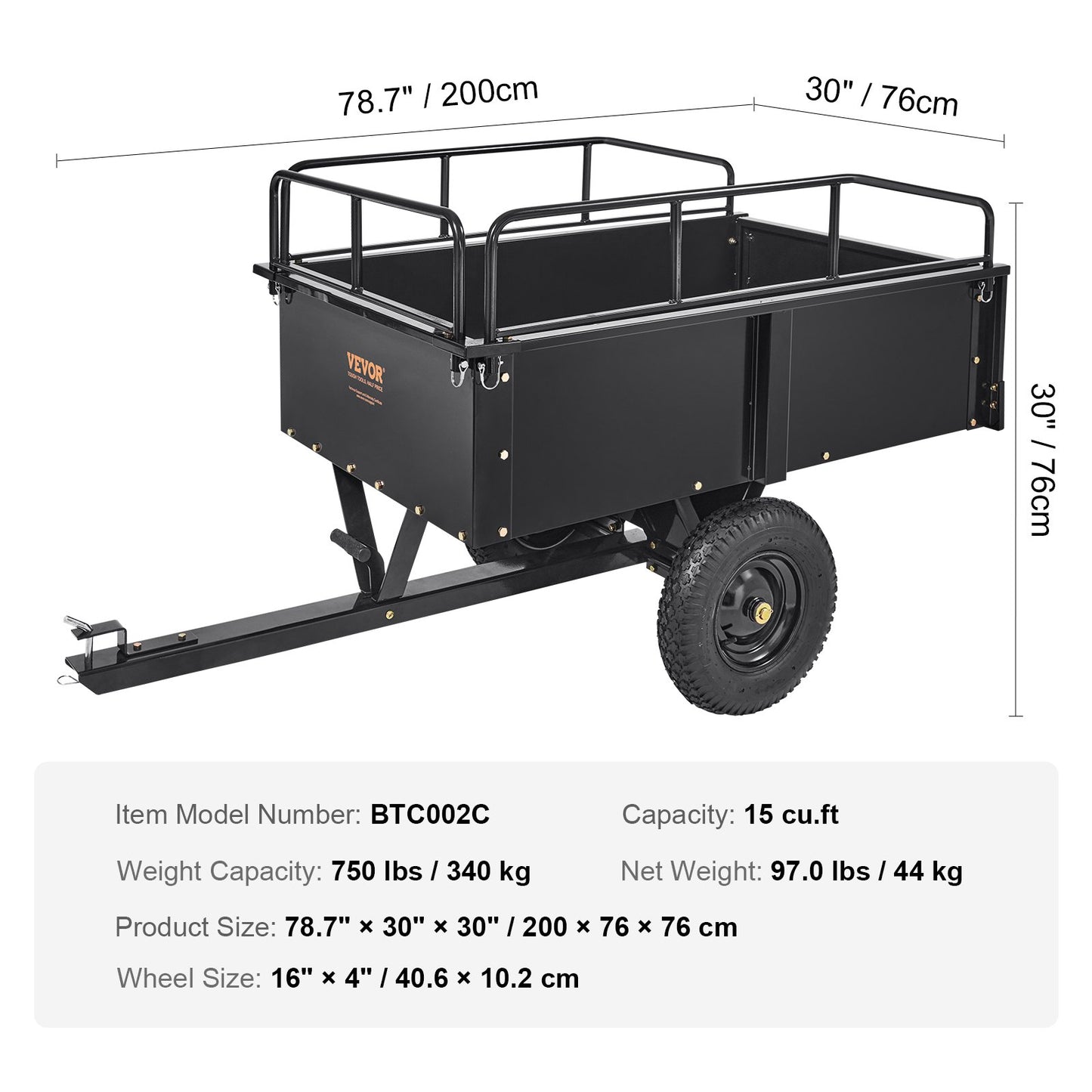 Heavy Duty ATV Trailer Steel Dump Trailer, 750-Pound 15 Cubic Feet, Garden Tool Trailer with Removable Sides for Riding Lawn Mower Tractor