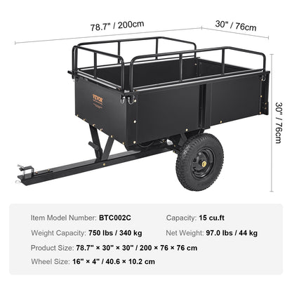 Heavy Duty ATV Trailer Steel Dump Trailer, 750-Pound 15 Cubic Feet, Garden Tool Trailer with Removable Sides for Riding Lawn Mower Tractor