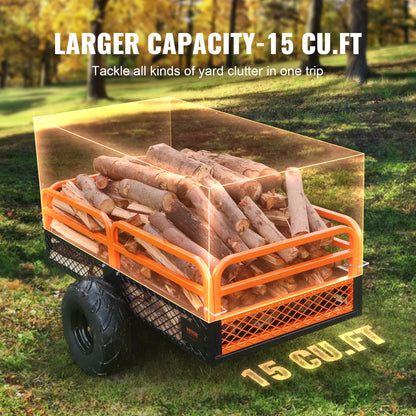 Heavy Duty Steel ATV Dump Trailer, 1500-pund lastkapacitet 15 Kubikfot, Bogsering bakom Dump Cart Trädgårdsvagn, med avtagbara sidor och 2 däck, för gräsklippare, traktorer, ATV, UTV