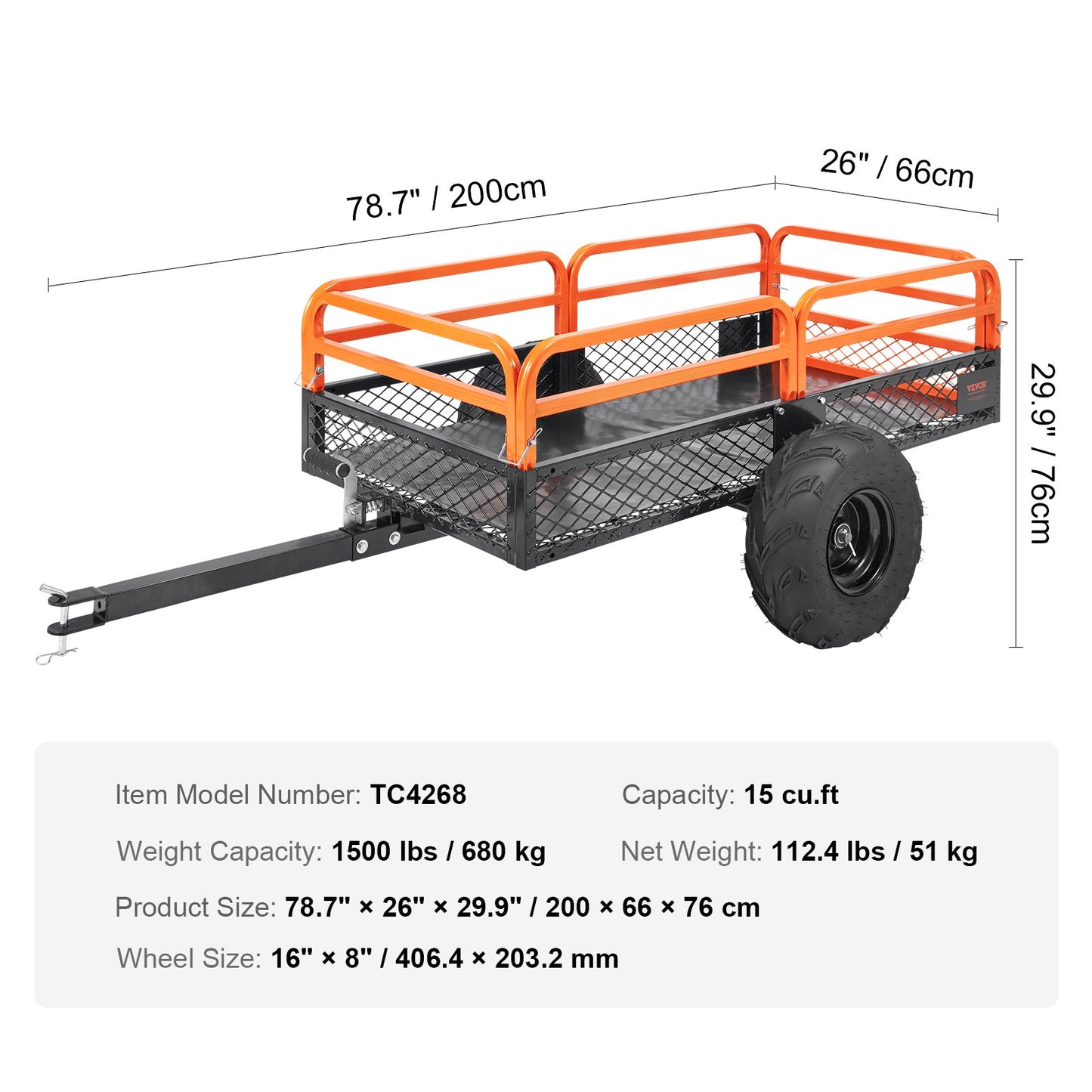 Heavy Duty Steel ATV Dump Trailer, 1500-pund lastkapacitet 15 Kubikfot, Bogsering bakom Dump Cart Trädgårdsvagn, med avtagbara sidor och 2 däck, för gräsklippare, traktorer, ATV, UTV