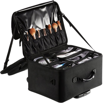 Rolling Makeup Train Case Stort förvaringsutrymme 3 våningar, bekvämt att bära med handtag, hjul, rem, Professionell sminkförvaringslåda Sminkhållare Vattentät Oxford, svart