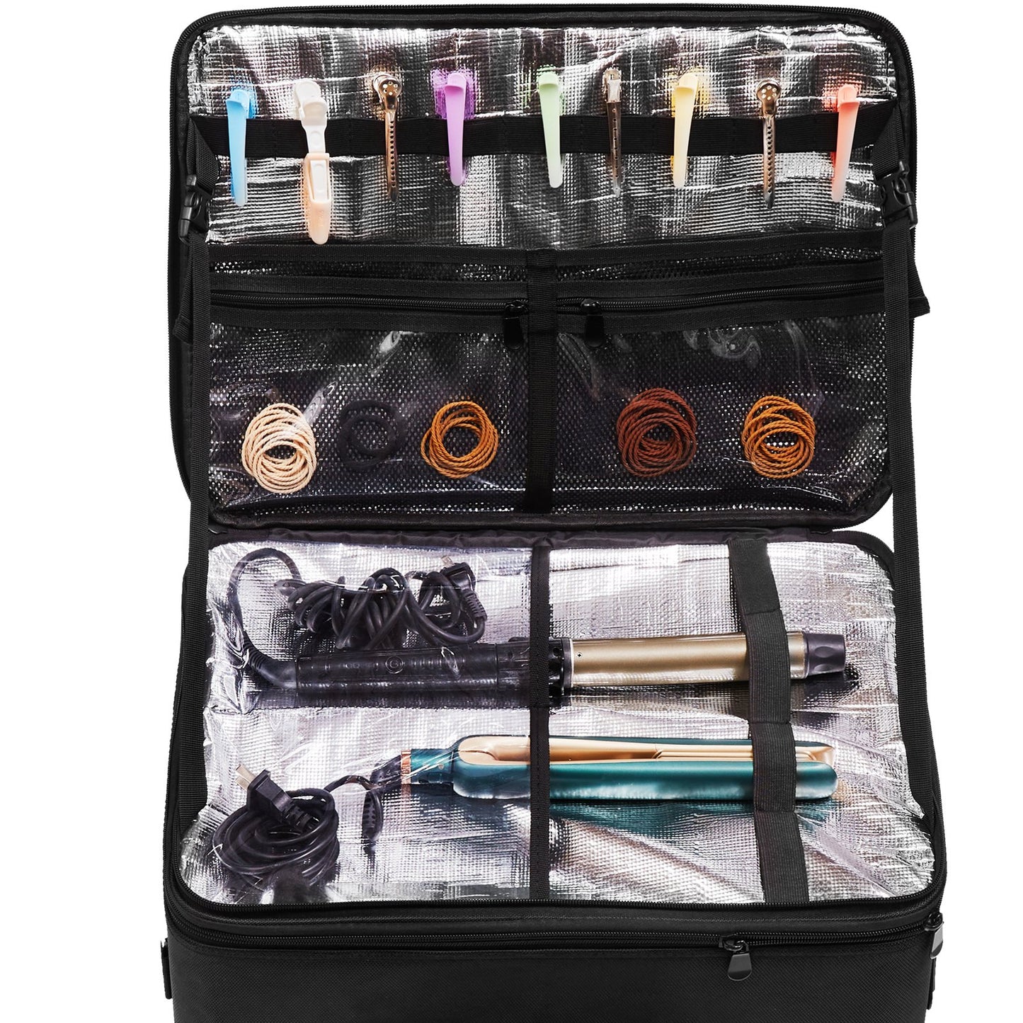 Rolling Makeup Train Case Stort förvaringsutrymme 3 våningar, bekvämt att bära med handtag, hjul, rem, Professionell sminkförvaringslåda Sminkhållare Vattentät Oxford, svart