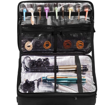 Rolling Makeup Train Case Stort förvaringsutrymme 3 våningar, bekvämt att bära med handtag, hjul, rem, Professionell sminkförvaringslåda Sminkhållare Vattentät Oxford, svart