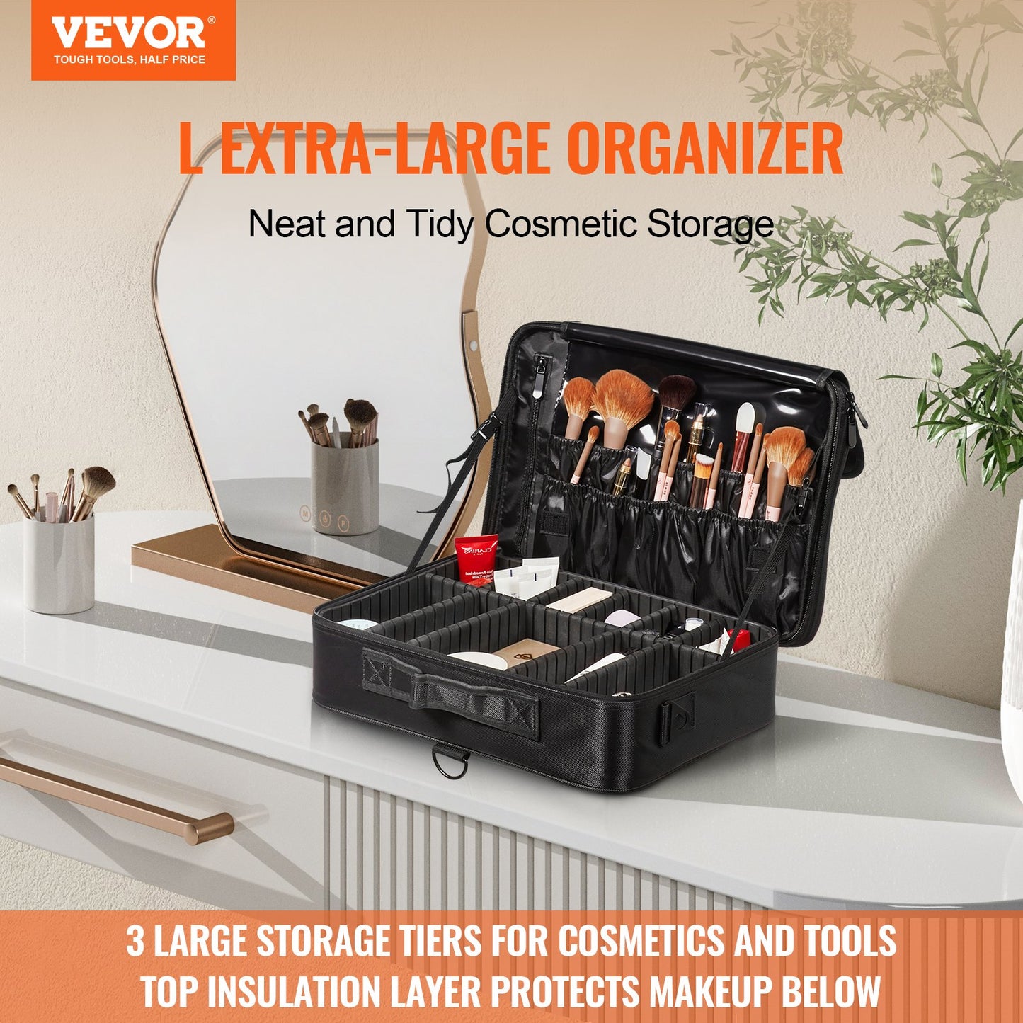 Makeup Train Case Stor förvaring 3 våningar, bekväm bärare med handtag, rem, Professionell vattentät Oxford Makeup förvaringslåda, Heavy Duty Make Up Carrier, Svart