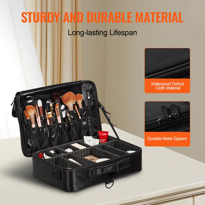 Makeup Train Case Stor förvaring 3 våningar, bekväm bärare med handtag, rem, Professionell vattentät Oxford Makeup förvaringslåda, Heavy Duty Make Up Carrier, Svart