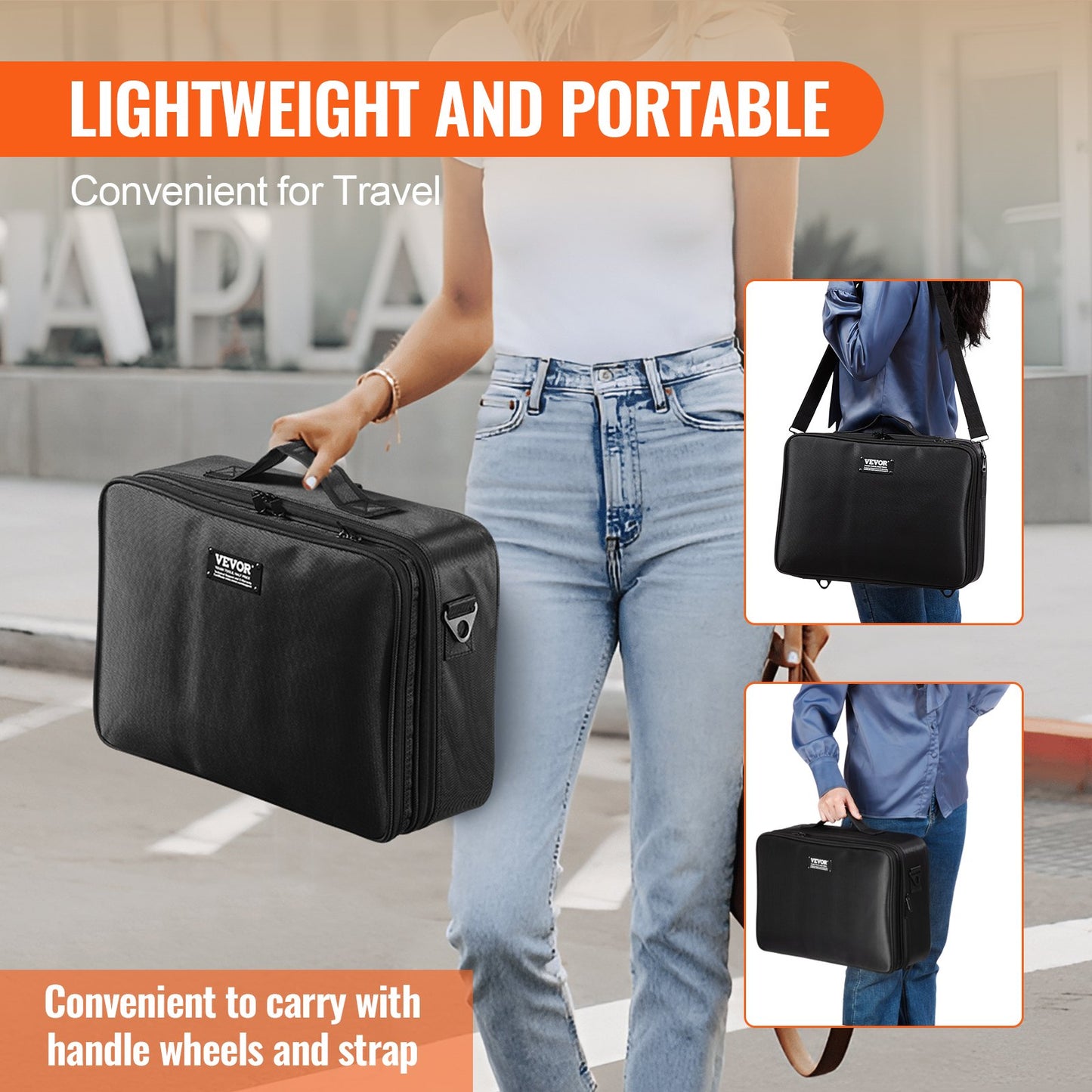 Makeup Train Case Stor förvaring 3 våningar, bekväm bärare med handtag, rem, Professionell vattentät Oxford Makeup förvaringslåda, Heavy Duty Make Up Carrier, Svart