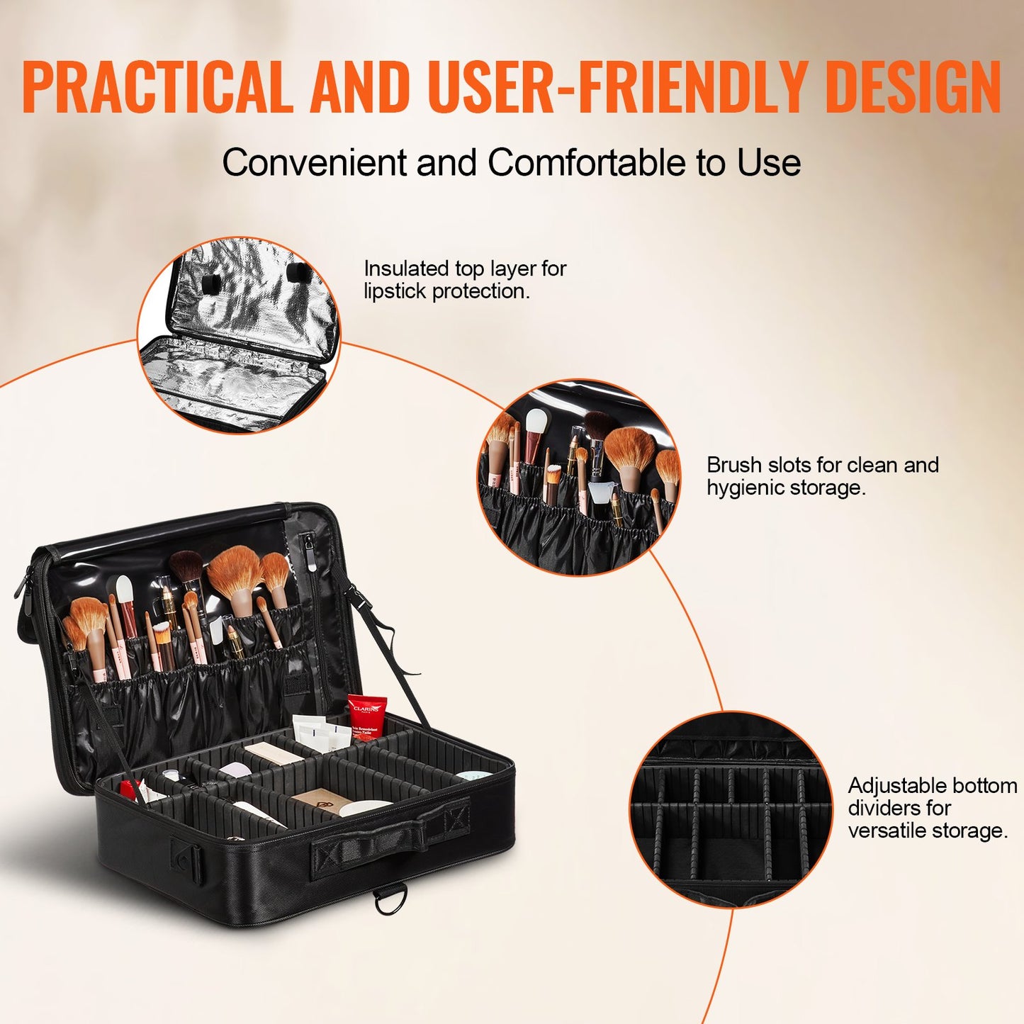 Makeup Train Case Stor förvaring 3 våningar, bekväm bärare med handtag, rem, Professionell vattentät Oxford Makeup förvaringslåda, Heavy Duty Make Up Carrier, Svart