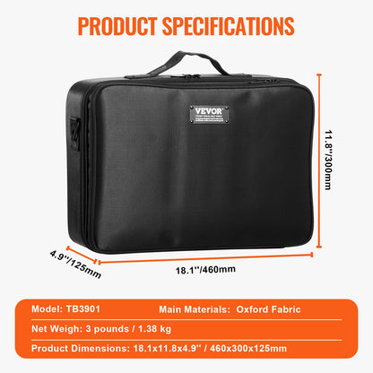Makeup Train Case Stor förvaring 3 våningar, bekväm bärare med handtag, rem, Professionell vattentät Oxford Makeup förvaringslåda, Heavy Duty Make Up Carrier, Svart