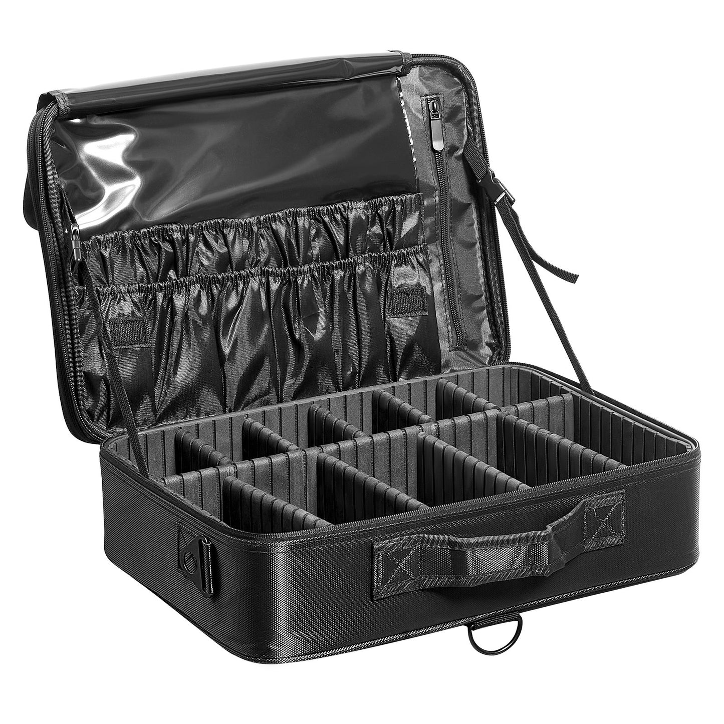Makeup Train Case Stor förvaring 3 våningar, bekväm bärare med handtag, rem, Professionell vattentät Oxford Makeup förvaringslåda, Heavy Duty Make Up Carrier, Svart
