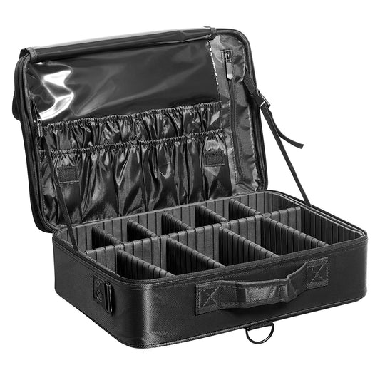 Makeup Train Case Stor förvaring 3 våningar, bekväm bärare med handtag, rem, Professionell vattentät Oxford Makeup förvaringslåda, Heavy Duty Make Up Carrier, Svart