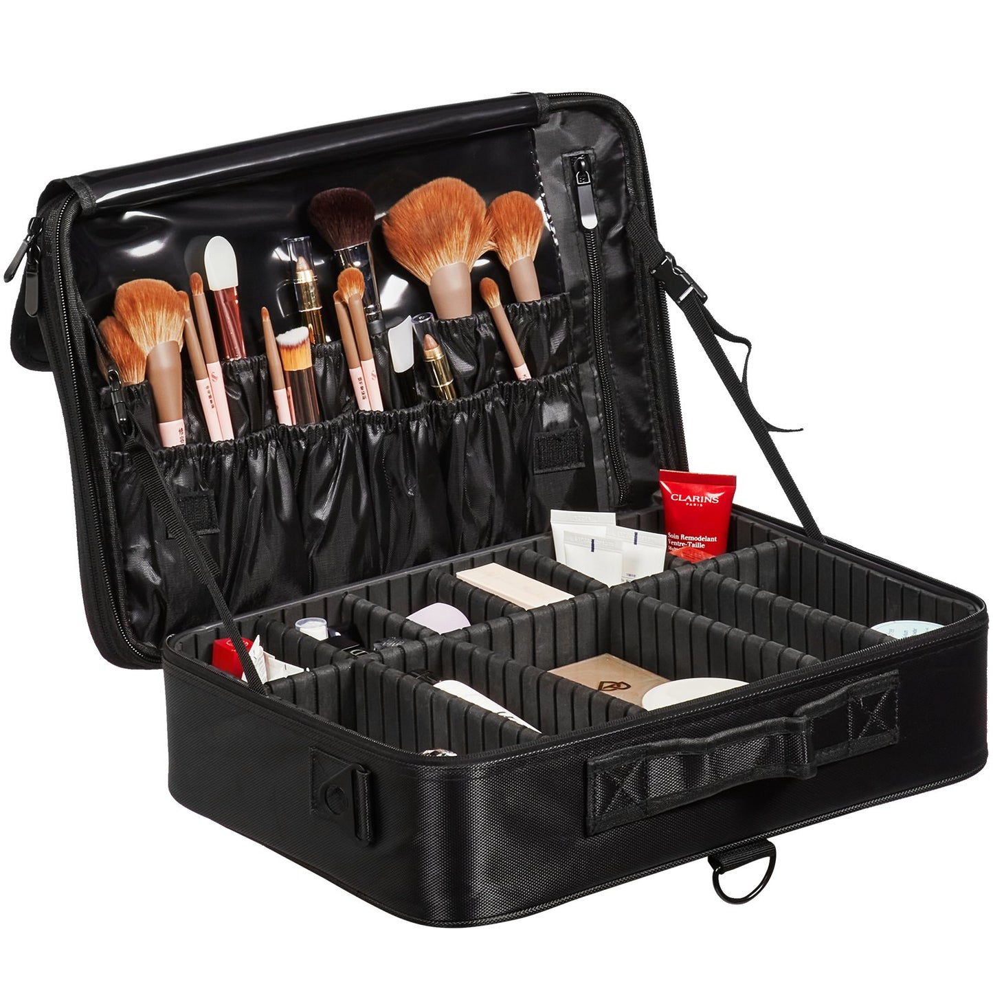 Makeup Train Case Stor förvaring 3 våningar, bekväm bärare med handtag, rem, Professionell vattentät Oxford Makeup förvaringslåda, Heavy Duty Make Up Carrier, Svart