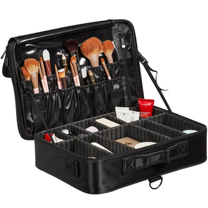 Makeup Train Case Stor förvaring 3 våningar, bekväm bärare med handtag, rem, Professionell vattentät Oxford Makeup förvaringslåda, Heavy Duty Make Up Carrier, Svart