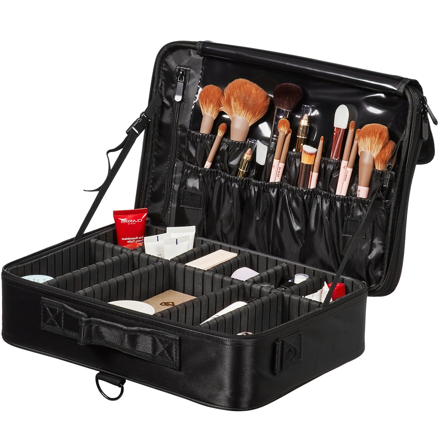 Makeup Train Case Stor förvaring 3 våningar, bekväm bärare med handtag, rem, Professionell vattentät Oxford Makeup förvaringslåda, Heavy Duty Make Up Carrier, Svart