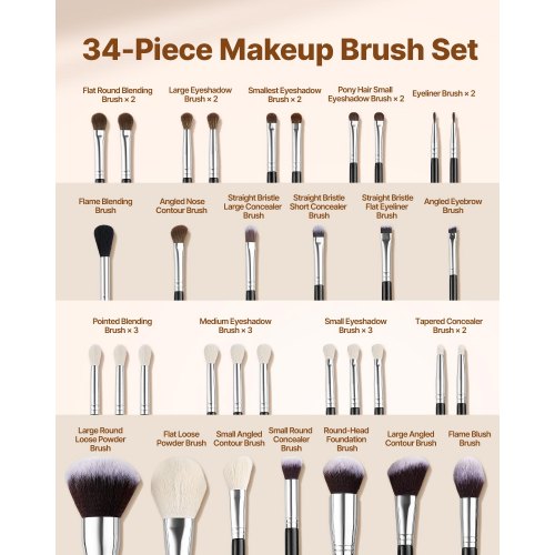 34-PIECE Makeup Brush Set for Foundation and Eyeshadow with Soft Bristles | EU