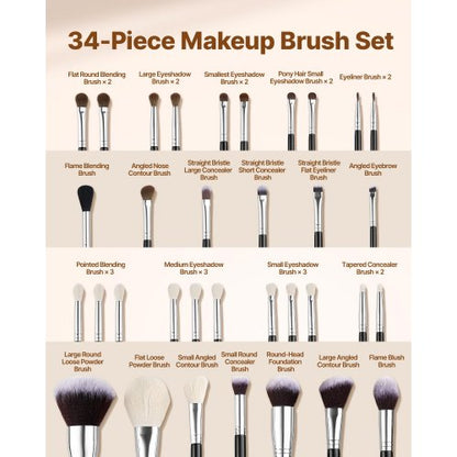 34-PIECE Makeup Brush Set for Foundation and Eyeshadow with Soft Bristles | EU
