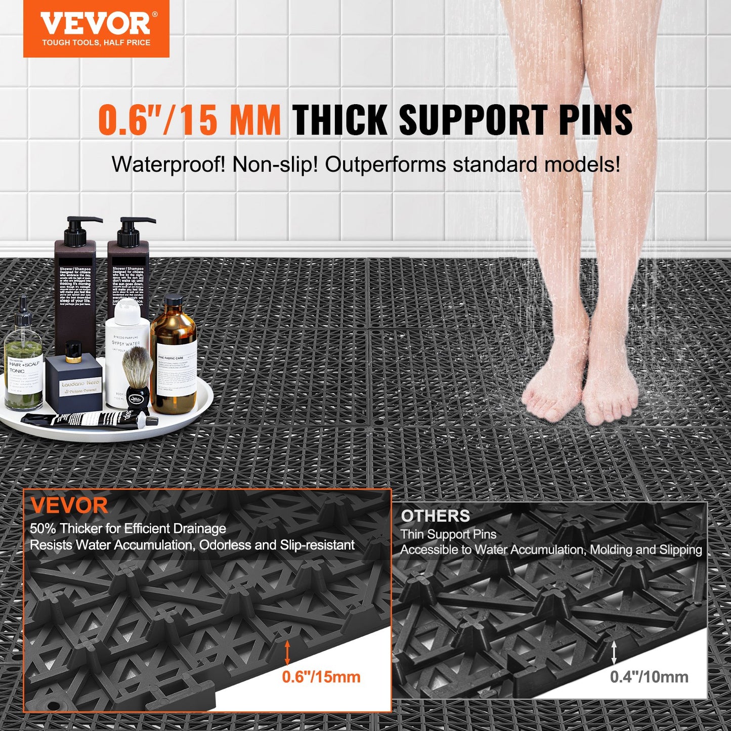 Modular Interlocking Pad, 50 Pack 30 x 30 cm Splice Drainage Mats, Soft PVC Interlocking Drainage Floor Tiles, Non-Slip Drainage Hole for Toilet, Bathroom, Kitchen, Pool, Wet Area, Black