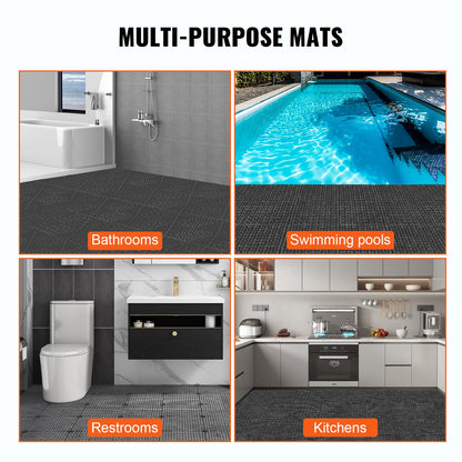 Modular Interlocking Pad, 50 Pack 30 x 30 cm Splice Drainage Mats, Soft PVC Interlocking Drainage Floor Tiles, Non-Slip Drainage Hole for Toilet, Bathroom, Kitchen, Pool, Wet Area, Black