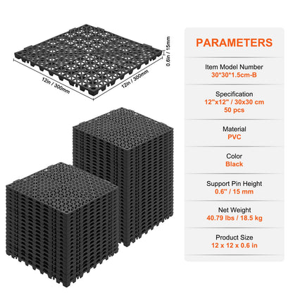 Modular Interlocking Pad, 50 Pack 30 x 30 cm Splice Drainage Mats, Soft PVC Interlocking Drainage Floor Tiles, Non-Slip Drainage Hole for Toilet, Bathroom, Kitchen, Pool, Wet Area, Black