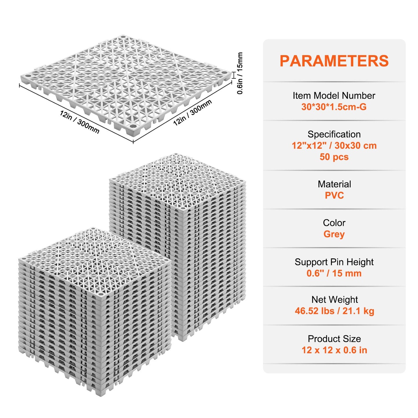 Modular Interlocking Kudde, 50 Pack 30 x 30 cm Skarvning Dräneringsmattor, Mjuk PVC Interlocking Dräneringsgolvplattor, Halkfria dräneringshål för toalett, badrum, kök, pool, våtområde, grått