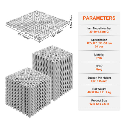 Modular Interlocking Kudde, 50 Pack 30 x 30 cm Skarvning Dräneringsmattor, Mjuk PVC Interlocking Dräneringsgolvplattor, Halkfria dräneringshål för toalett, badrum, kök, pool, våtområde, grått