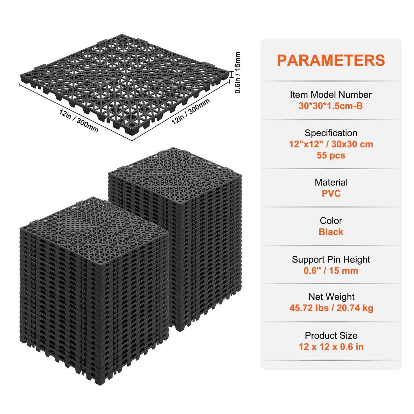 Modular Interlocking Kudde, 55 Pack 30 x 30 cm Skarvning Dräneringsmattor, Mjuk PVC Interlocking Dräneringsgolvplattor, Halkfria dräneringshål för toalett, badrum, kök, pool, vått, svart