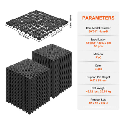 Modular Interlocking Kudde, 55 Pack 30 x 30 cm Skarvning Dräneringsmattor, Mjuk PVC Interlocking Dräneringsgolvplattor, Halkfria dräneringshål för toalett, badrum, kök, pool, vått, svart