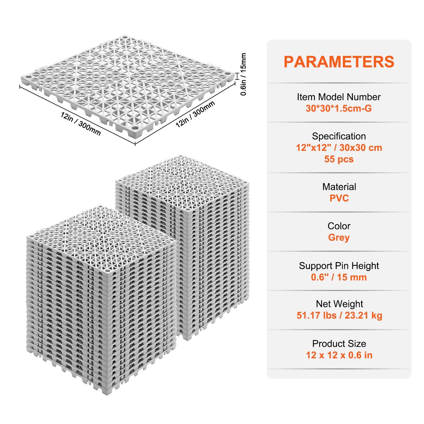 Modular Interlocking Kudde, 55 Pack 30 x 30 cm Skarvning Dräneringsmattor, Mjuk PVC Interlocking Dräneringsgolvplattor, Halkfria dräneringshål för toalett, badrum, kök, pool, våtområde, grått