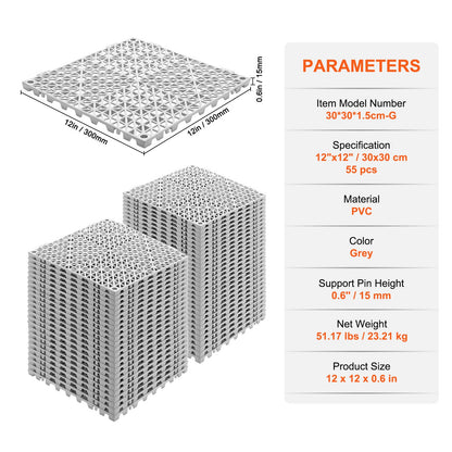 Modular Interlocking Kudde, 55 Pack 30 x 30 cm Skarvning Dräneringsmattor, Mjuk PVC Interlocking Dräneringsgolvplattor, Halkfria dräneringshål för toalett, badrum, kök, pool, våtområde, grått