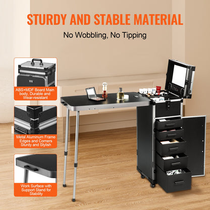 Professional Makeup Train Case Kosmetisk väska i aluminium, arbetsbänk med stödjande ben, rullande sminkväska Extra stor vagn Makeup Travel Organizer, med 360° svängbara hjul, svart