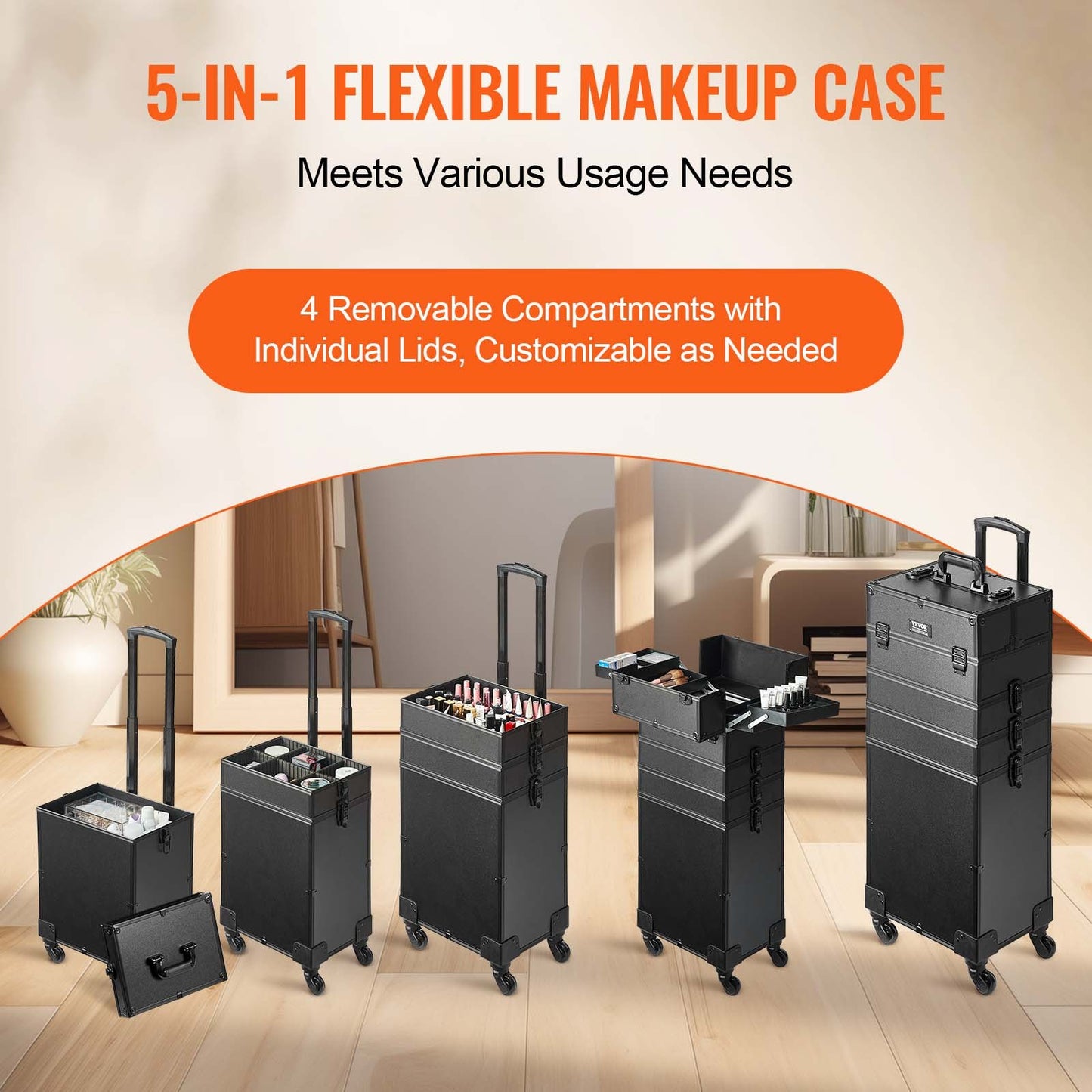 5 i 1 professionell sminktågfodral Kosmetikfodral i aluminium, rullande sminkfodral Extra stor vagn Makeup Reseorganisator, med 360° svängbara hjul och justerbar dragstång, svart