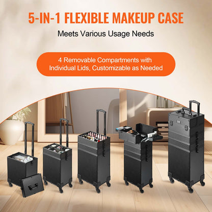 5 i 1 professionell sminktågfodral Kosmetikfodral i aluminium, rullande sminkfodral Extra stor vagn Makeup Reseorganisator, med 360° svängbara hjul och justerbar dragstång, svart