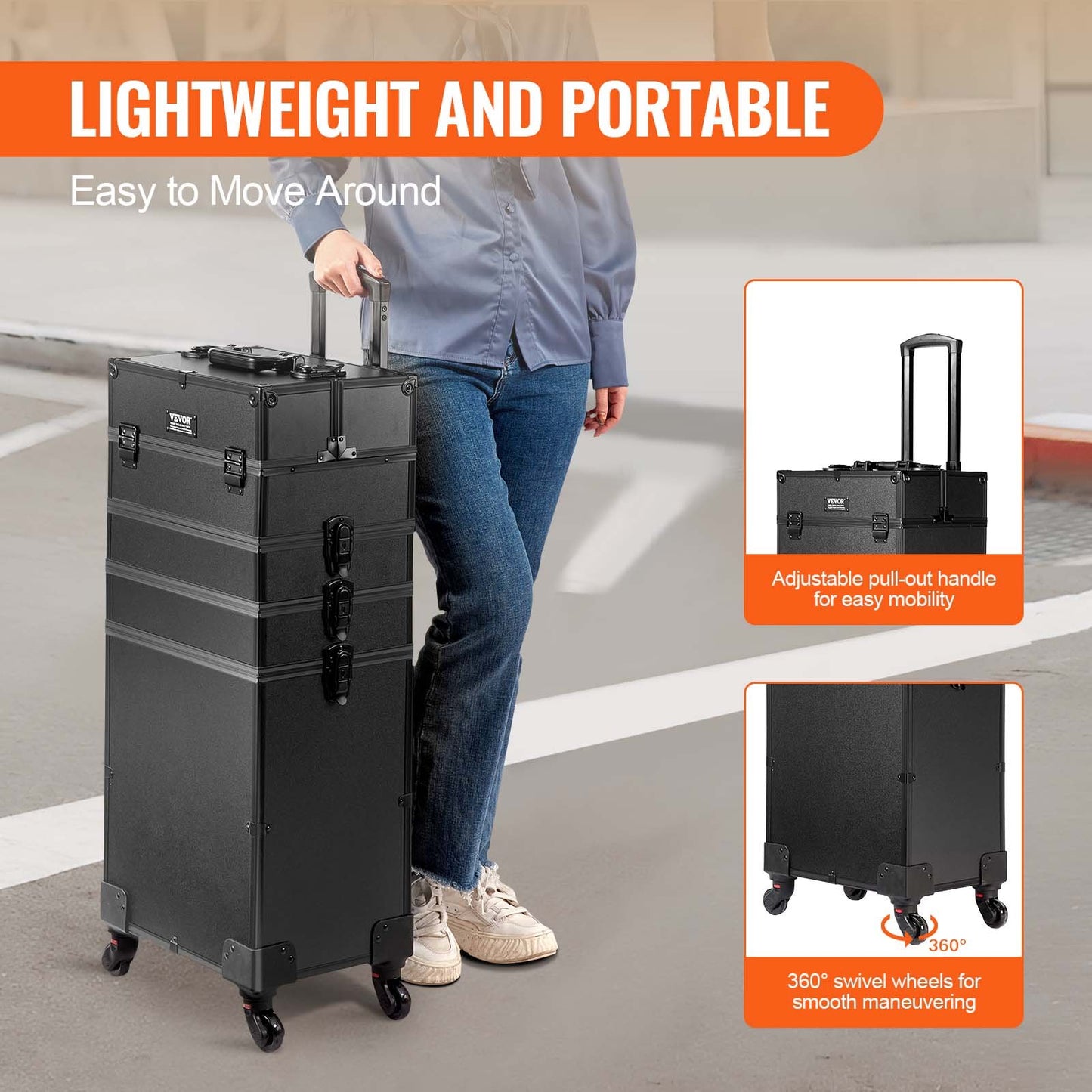 5 i 1 professionell sminktågfodral Kosmetikfodral i aluminium, rullande sminkfodral Extra stor vagn Makeup Reseorganisator, med 360° svängbara hjul och justerbar dragstång, svart