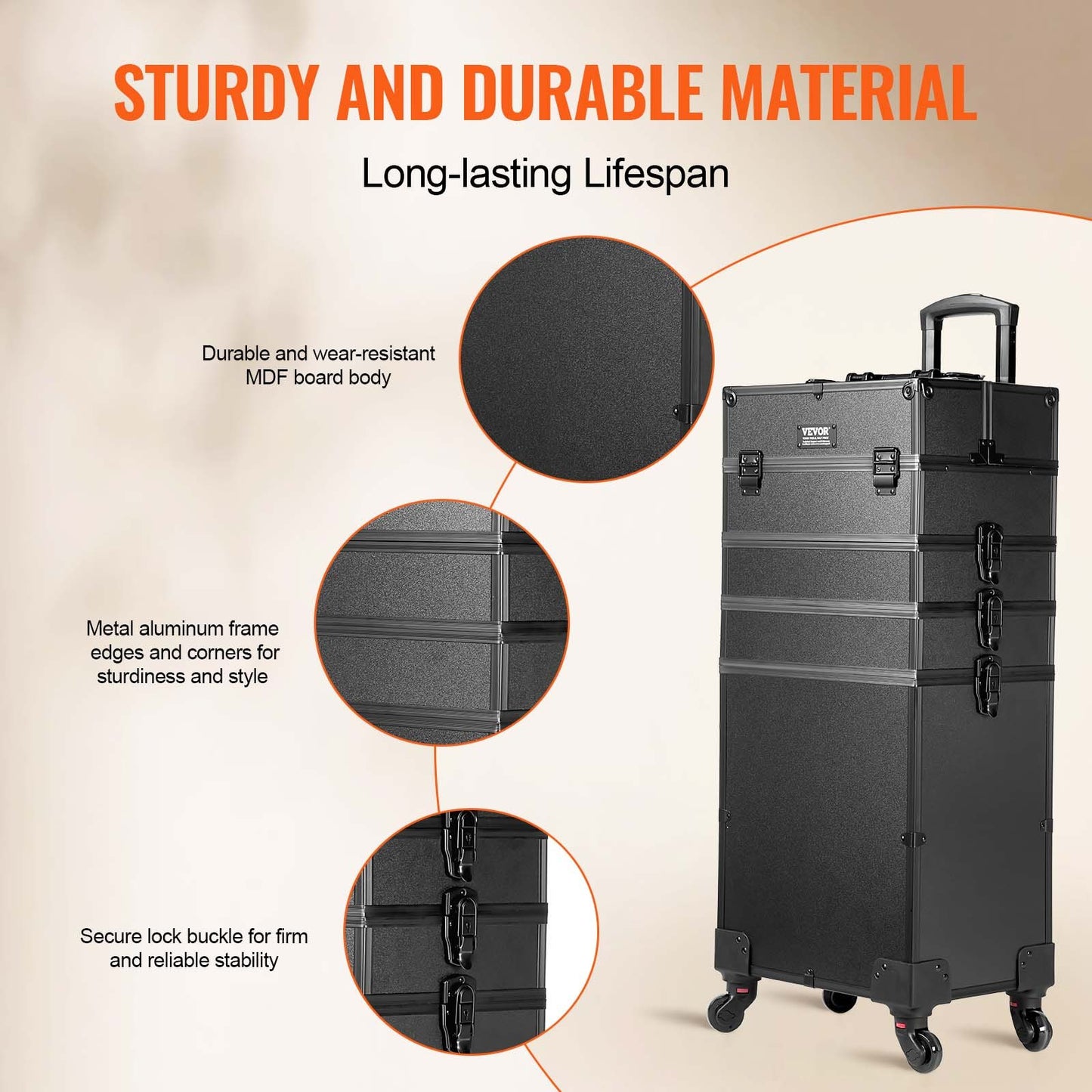 5 i 1 professionell sminktågfodral Kosmetikfodral i aluminium, rullande sminkfodral Extra stor vagn Makeup Reseorganisator, med 360° svängbara hjul och justerbar dragstång, svart
