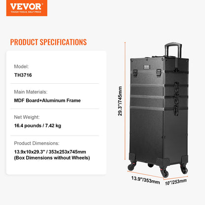 5 i 1 professionell sminktågfodral Kosmetikfodral i aluminium, rullande sminkfodral Extra stor vagn Makeup Reseorganisator, med 360° svängbara hjul och justerbar dragstång, svart