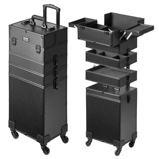 5 i 1 professionell sminktågfodral Kosmetikfodral i aluminium, rullande sminkfodral Extra stor vagn Makeup Reseorganisator, med 360° svängbara hjul och justerbar dragstång, svart