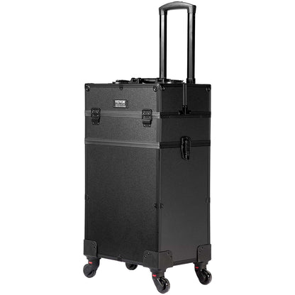 5 i 1 professionell sminktågfodral Kosmetikfodral i aluminium, rullande sminkfodral Extra stor vagn Makeup Reseorganisator, med 360° svängbara hjul och justerbar dragstång, svart