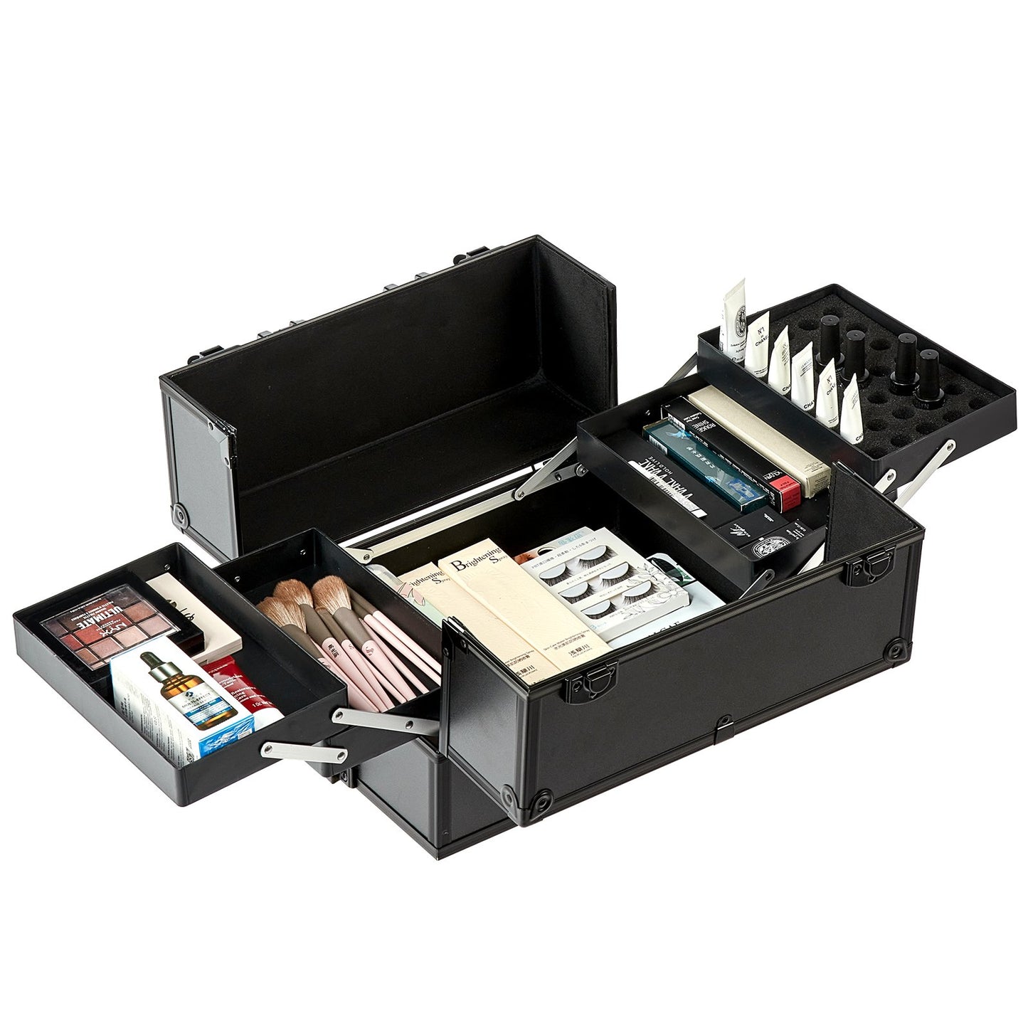 5 i 1 professionell sminktågfodral Kosmetikfodral i aluminium, rullande sminkfodral Extra stor vagn Makeup Reseorganisator, med 360° svängbara hjul och justerbar dragstång, svart