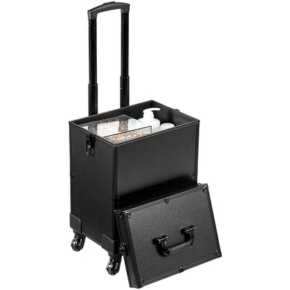 5 i 1 professionell sminktågfodral Kosmetikfodral i aluminium, rullande sminkfodral Extra stor vagn Makeup Reseorganisator, med 360° svängbara hjul och justerbar dragstång, svart